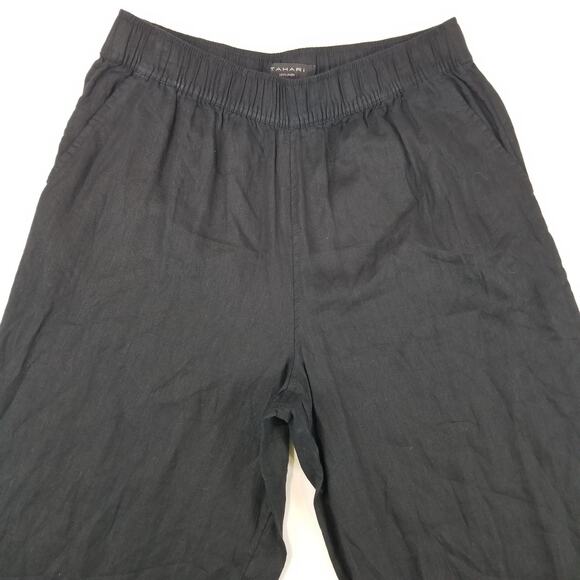 Tahari Pants Womens Large Black Linen Wide Leg Pull On Elastic Waist Pockets - Picture 3 of 11